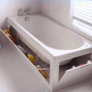 Bath tub with tilt out storage
