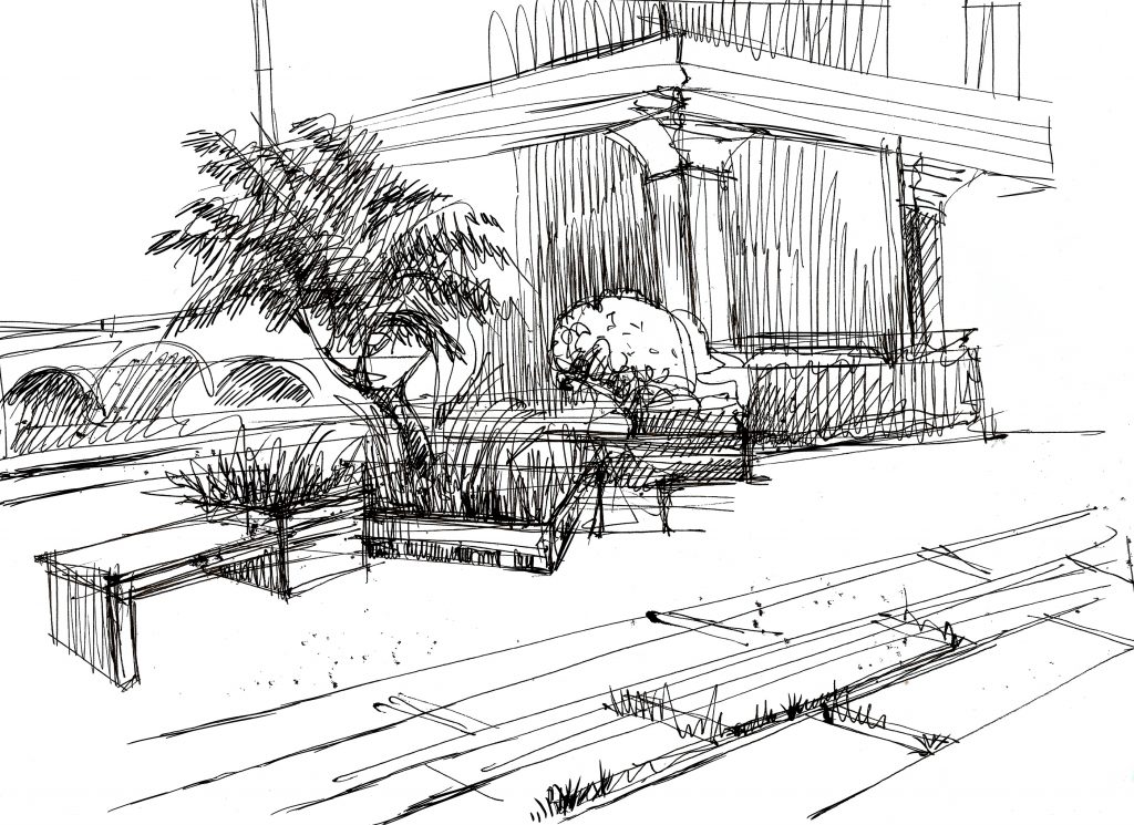 Landscaping and landscape design of the city's walking area with flower beds, benches, trees. Sketch illustration